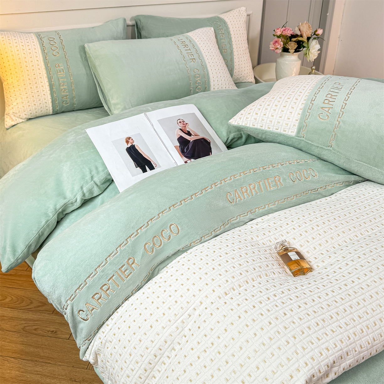 灰鲸 2025新款牛奶绒刺绣拼接款四件套-威廉 威廉-抹茶绿