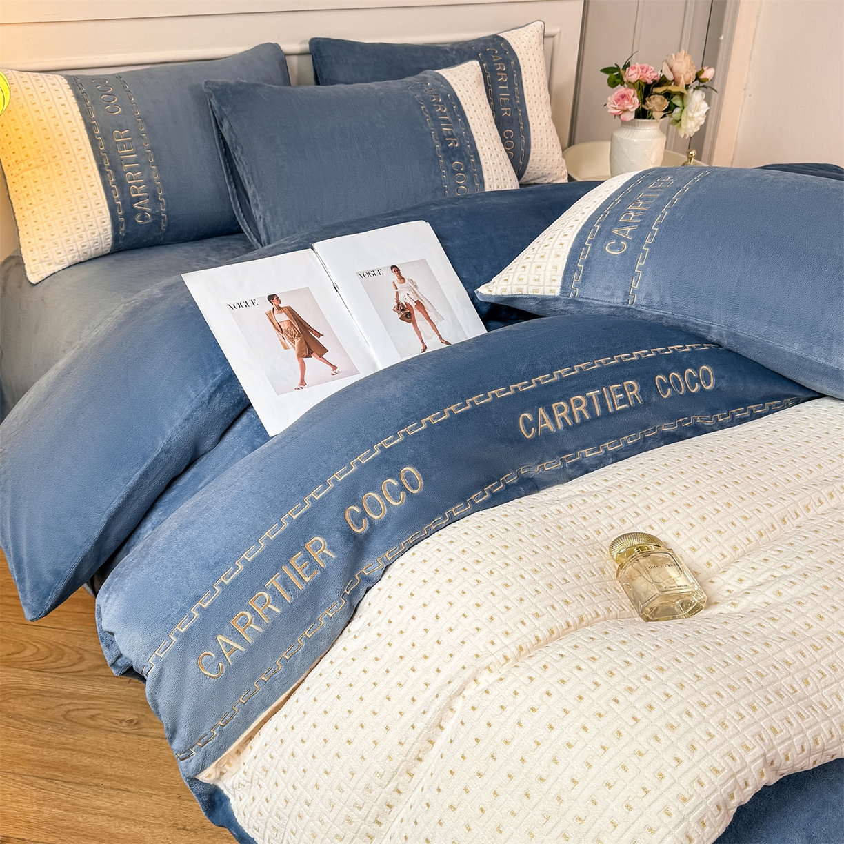 灰鲸 2025新款牛奶绒刺绣拼接款四件套-威廉 威廉-宾利蓝