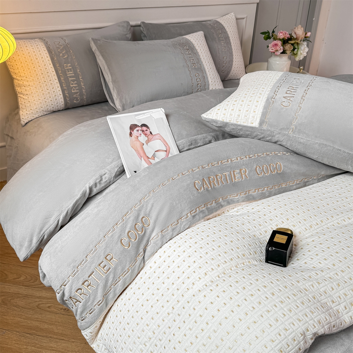 灰鲸 2025新款牛奶绒刺绣拼接款四件套-威廉 威廉-纳多灰