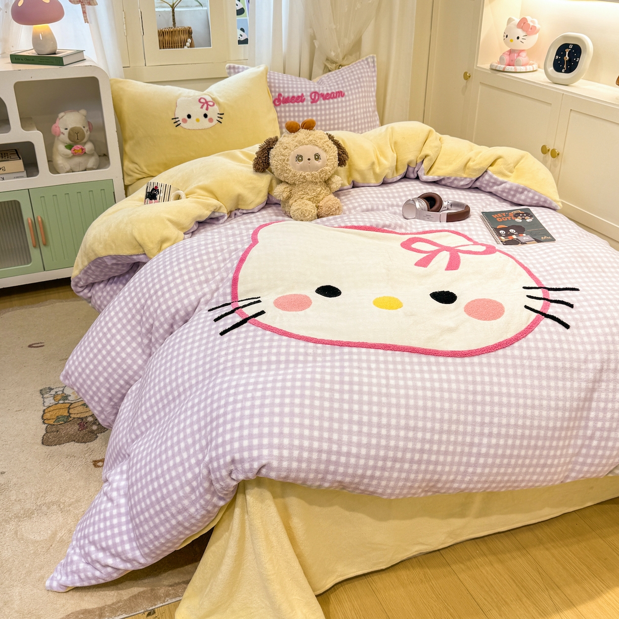 91家纺网 家纺一手货源 找家纺 （总）灰鲸 2025新款牛奶绒毛巾贴布绣四件套-大脸喵系列