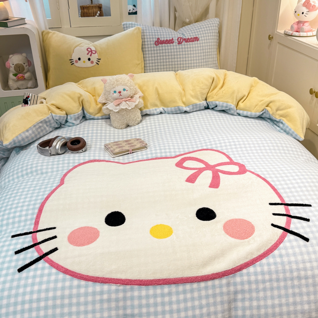 91家纺网 家纺一手货源 找家纺 （总）灰鲸 2025新款牛奶绒毛巾贴布绣四件套-大脸喵系列