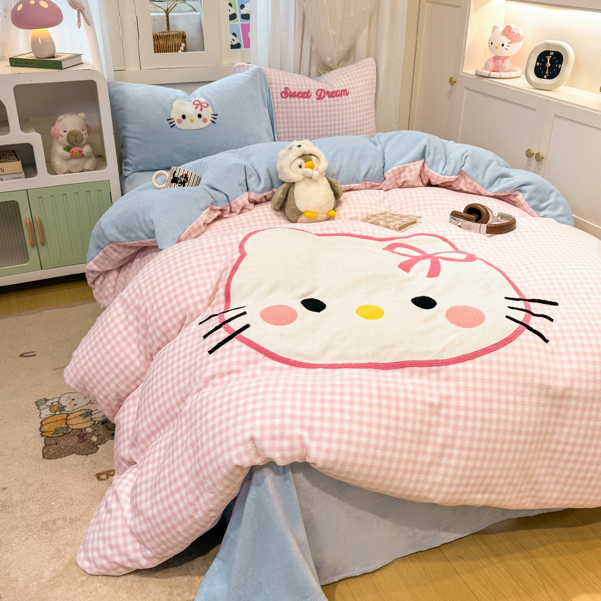 灰鲸 2025新款牛奶绒毛巾贴布绣四件套-大脸喵系列 大脸喵-粉格+繁星蓝