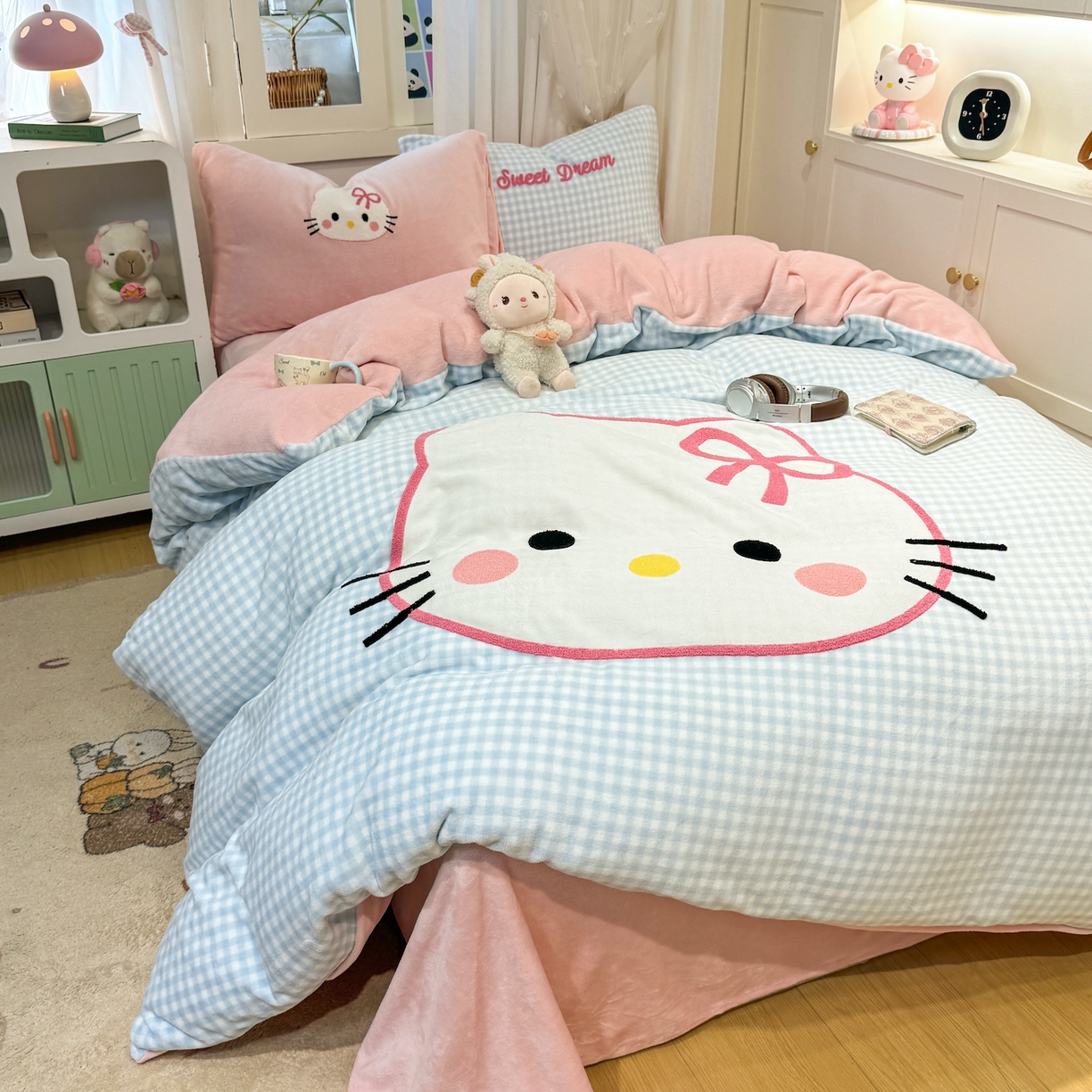 灰鲸 2025新款牛奶绒毛巾贴布绣四件套-大脸喵系列 大脸喵-蓝格+可可粉