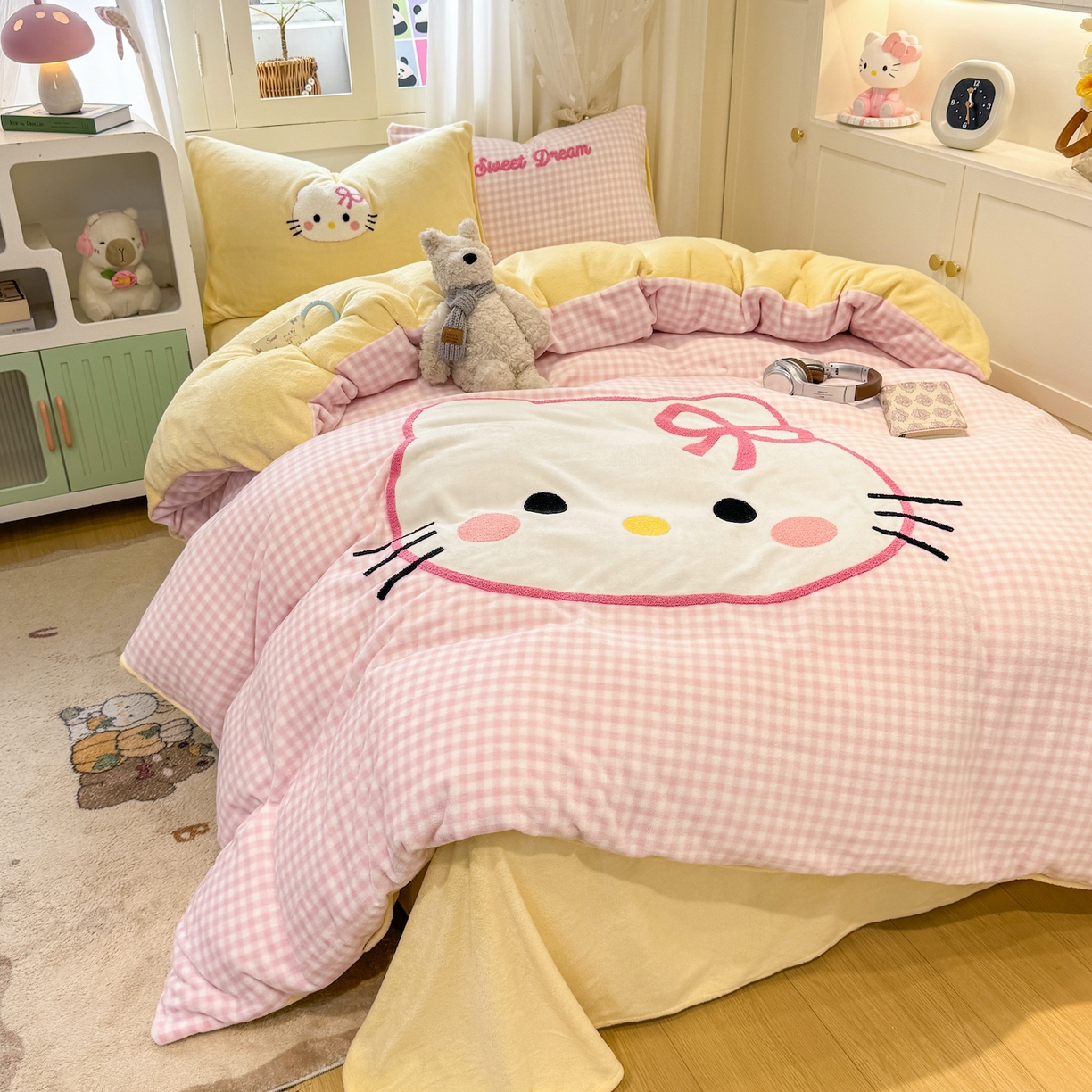 灰鲸 2025新款牛奶绒毛巾贴布绣四件套-大脸喵系列 大脸喵-粉格+奶油黄