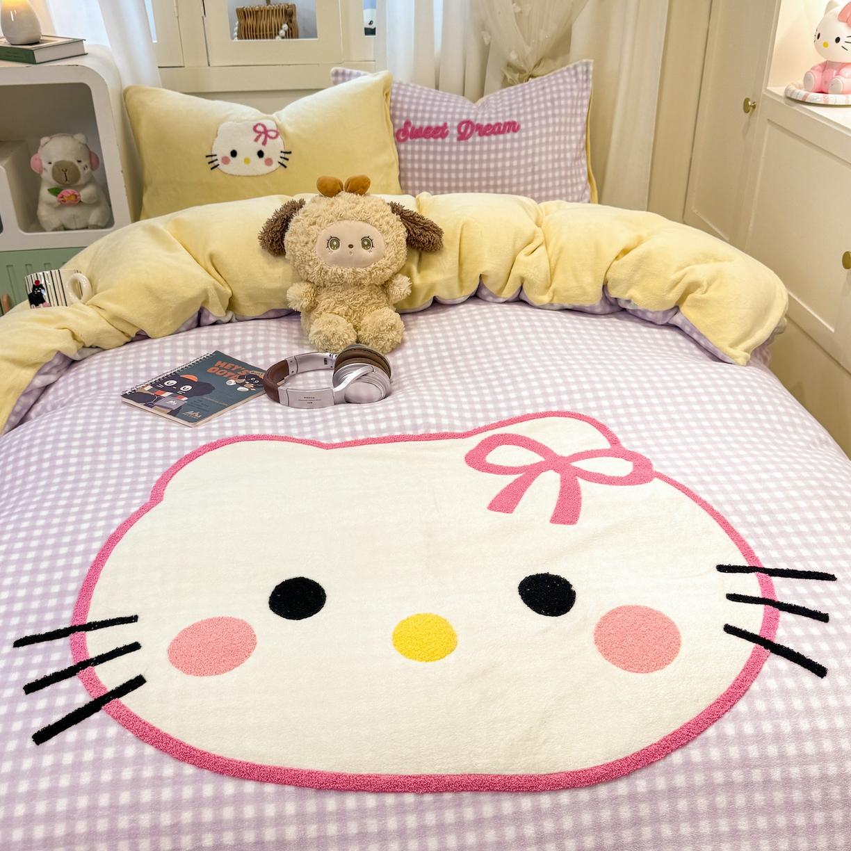 91家纺网 家纺一手货源 找家纺 灰鲸 2025新款牛奶绒毛巾贴布绣四件套-大脸喵系列 大脸喵-紫格+奶油黄