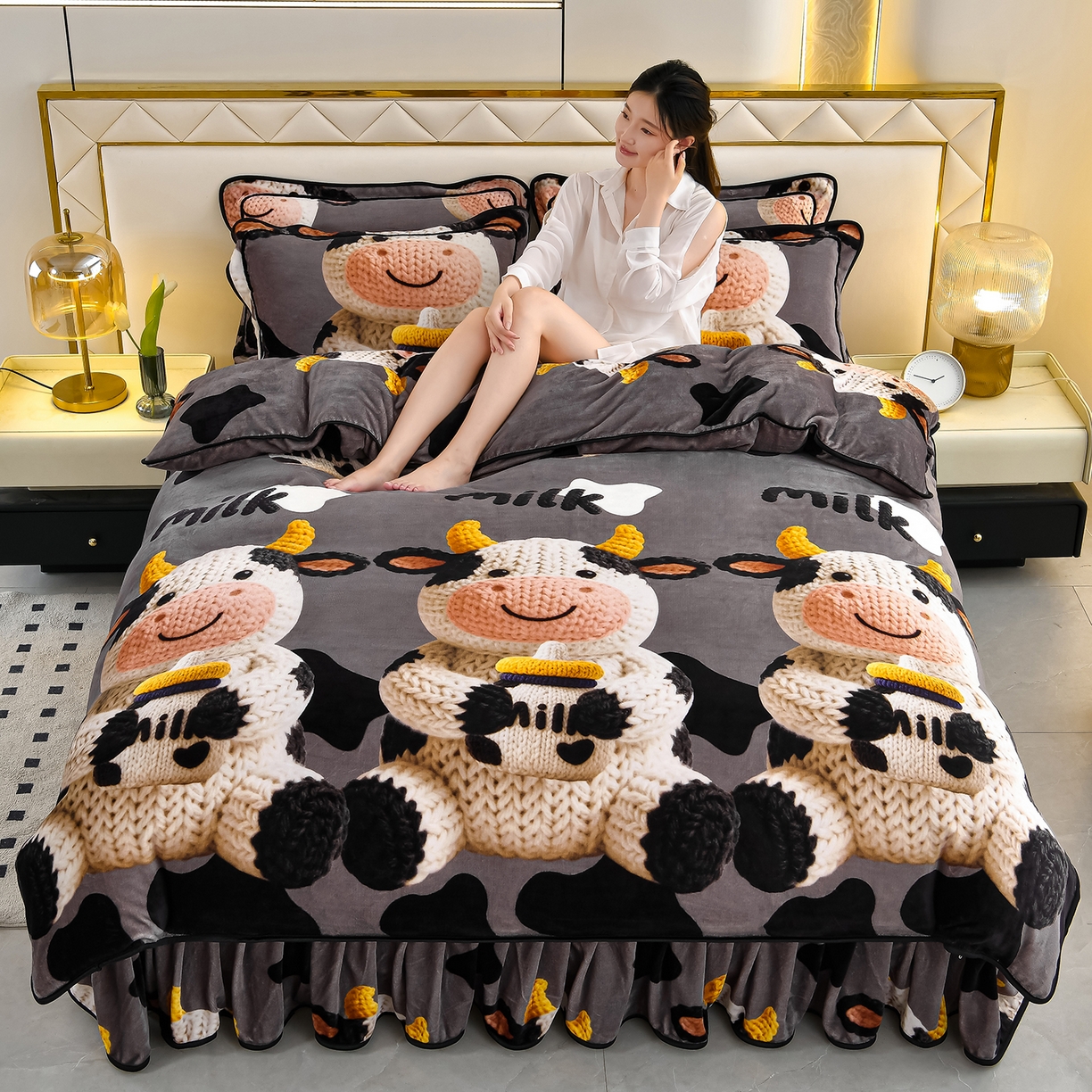 91家纺网 家纺一手货源 找家纺 缘莉娜家纺 2025高克重8斤牛奶绒四件套金貂绒法莱绒加厚保暖直播电商爆款 萌牛牛