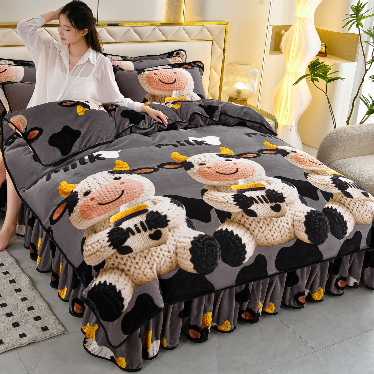 缘莉娜家纺 2025高克重8斤牛奶绒四件套金貂绒法莱绒加厚保暖直播电商爆款 萌牛牛