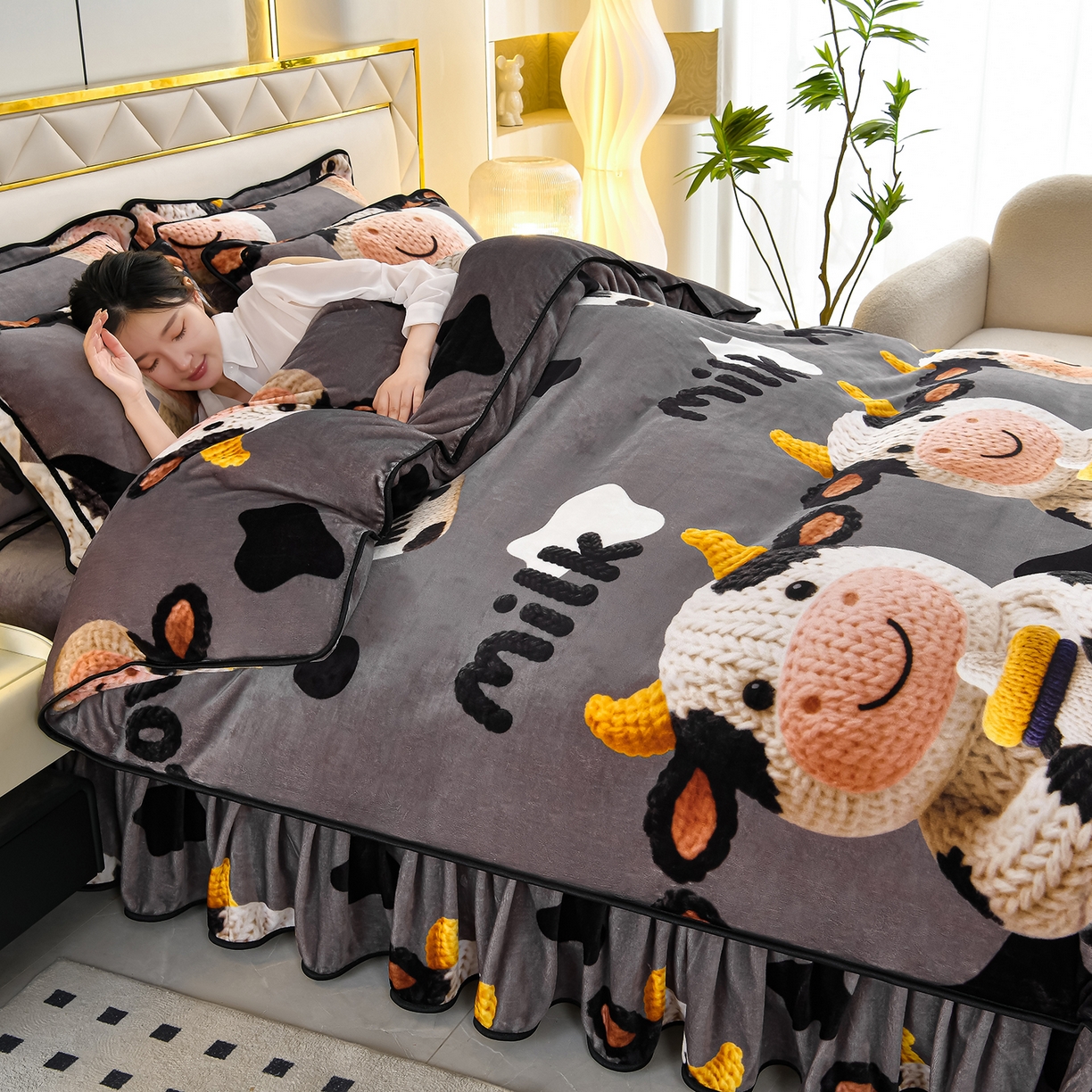 91家纺网 家纺一手货源 找家纺 缘莉娜家纺 2025高克重8斤牛奶绒四件套金貂绒法莱绒加厚保暖直播电商爆款 萌牛牛