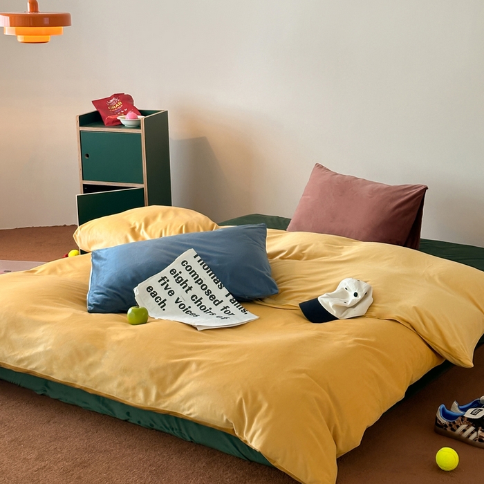 91家纺网 家纺一手货源 找家纺 例外 2025新款日式良品190克高克重天鹅绒HD混搭系列四件套 HD暖黄