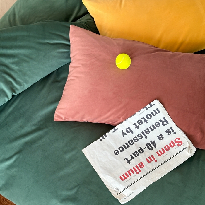 91家纺网 家纺一手货源 找家纺 例外 2025新款日式良品190克高克重天鹅绒HD混搭系列四件套 HD墨绿