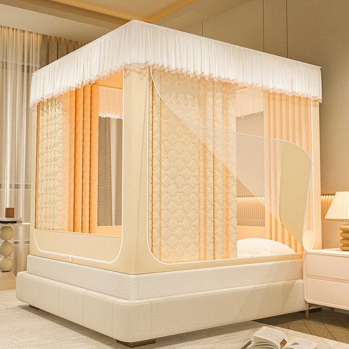 91家纺网 家纺一手货源 找家纺 （总）海虹蚊帐 2025新款加高内穿U型三门2402保暖款夹棉防尘顶坐床蚊帐