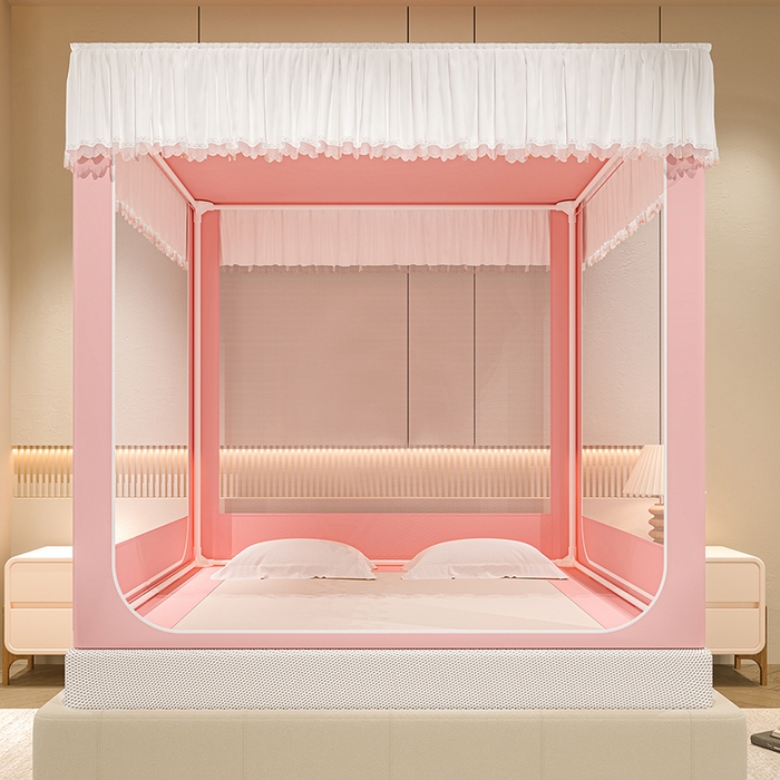 91家纺网 家纺一手货源 找家纺 海虹蚊帐 2025新款加高内穿U型三门2402保暖款夹棉防尘顶坐床蚊帐 浅粉