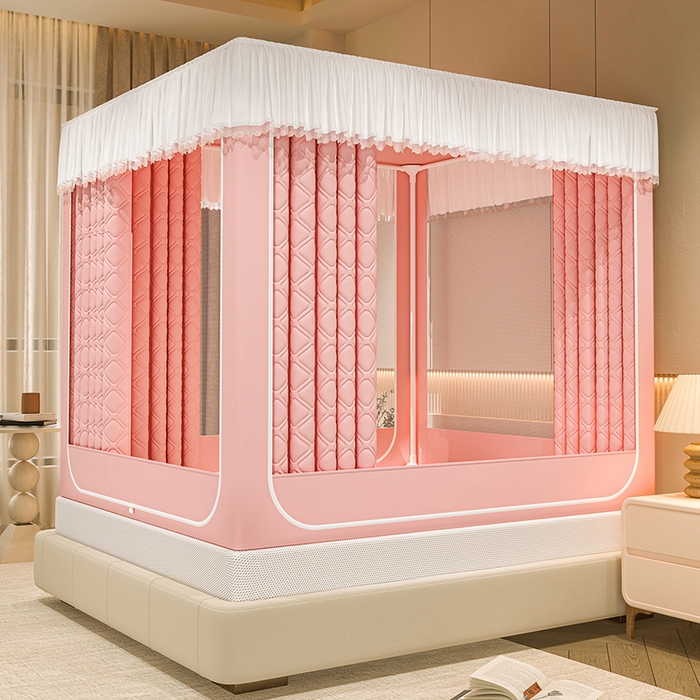 海虹蚊帐 2025新款加高内穿U型三门2402保暖款夹棉防尘顶坐床蚊帐 浅粉