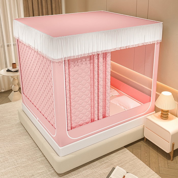 91家纺网 家纺一手货源 找家纺 海虹蚊帐 2025新款加高内穿U型三门2402保暖款夹棉防尘顶坐床蚊帐 浅粉