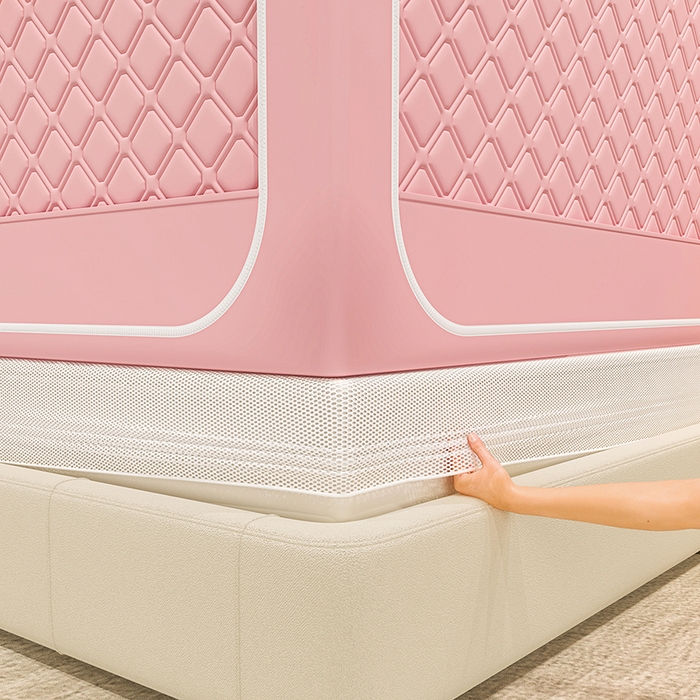 91家纺网 家纺一手货源 找家纺 海虹蚊帐 2025新款加高内穿U型三门2402保暖款夹棉防尘顶坐床蚊帐 浅粉