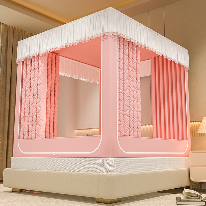 91家纺网 家纺一手货源 找家纺 海虹蚊帐 2025新款加高内穿U型三门2402保暖款夹棉防尘顶坐床蚊帐 浅粉