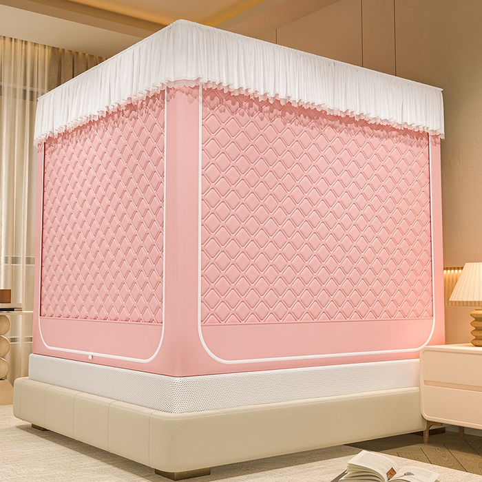 91家纺网 家纺一手货源 找家纺 海虹蚊帐 2025新款加高内穿U型三门2402保暖款夹棉防尘顶坐床蚊帐 浅粉