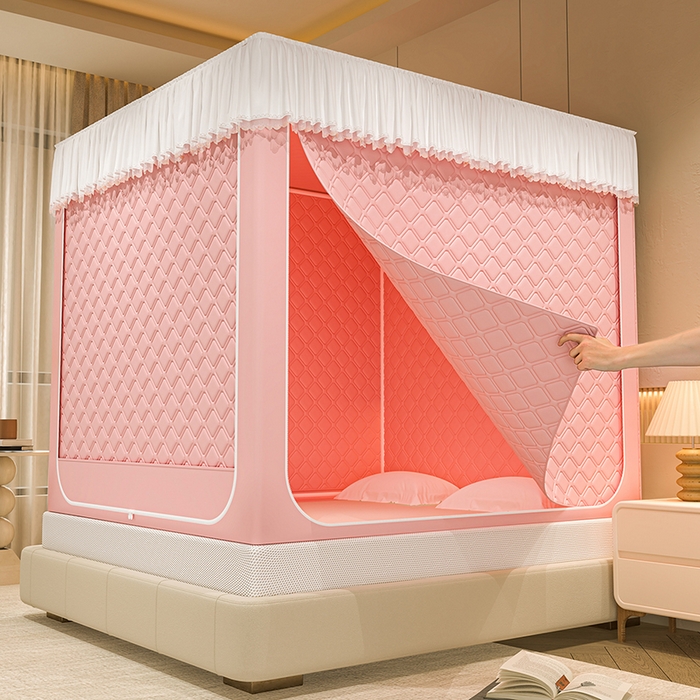 91家纺网 家纺一手货源 找家纺 海虹蚊帐 2025新款加高内穿U型三门2402保暖款夹棉防尘顶坐床蚊帐 浅粉