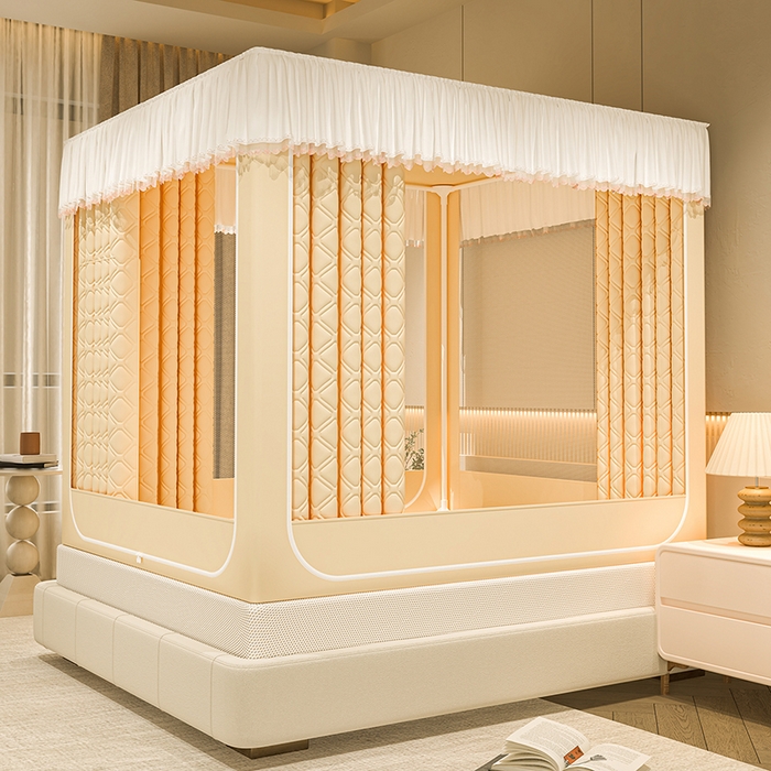 91家纺网 家纺一手货源 找家纺 （总）海虹蚊帐 2025新款加高内穿U型三门2402保暖款夹棉防尘顶坐床蚊帐