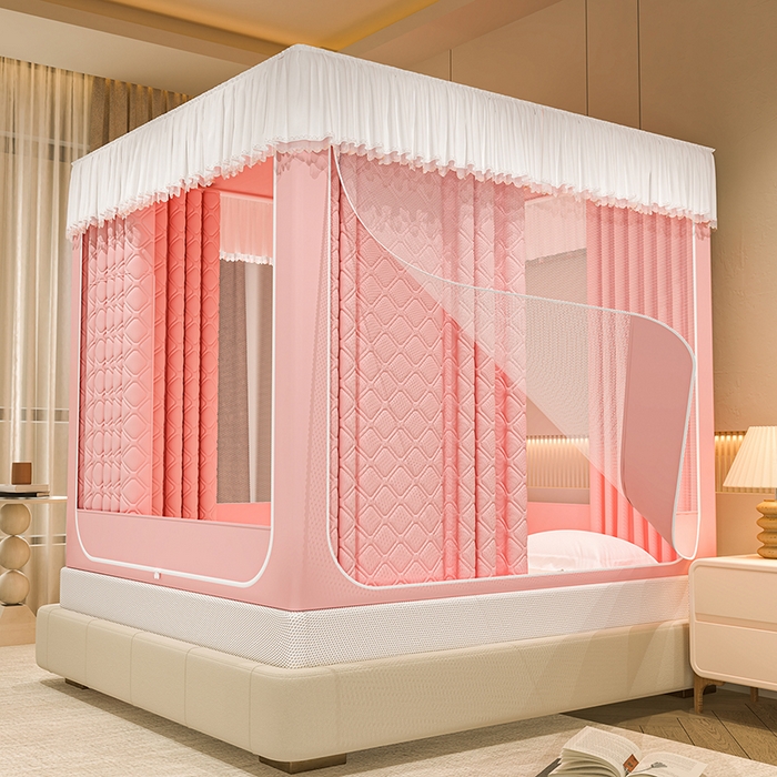 91家纺网 家纺一手货源 找家纺 海虹蚊帐 2025新款加高内穿U型三门2402保暖款夹棉防尘顶坐床蚊帐 浅粉