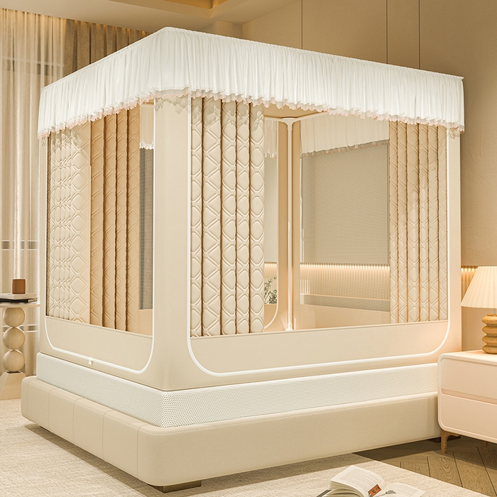 海虹蚊帐 2025新款加高内穿U型三门2402保暖款夹棉防尘顶坐床蚊帐 浅米咖