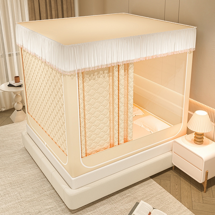 91家纺网 家纺一手货源 找家纺 海虹蚊帐 2025新款加高内穿U型三门2402保暖款夹棉防尘顶坐床蚊帐 米色