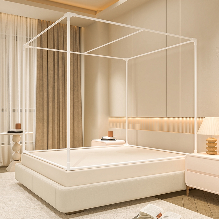 91家纺网 家纺一手货源 找家纺 海虹蚊帐 2025新款加高内穿U型三门2402保暖款夹棉防尘顶坐床蚊帐 米色