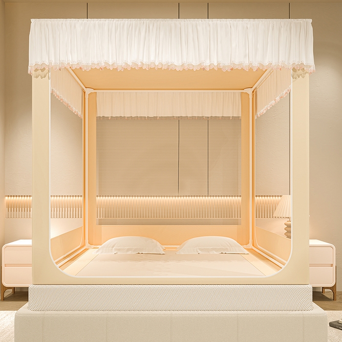 91家纺网 家纺一手货源 找家纺 海虹蚊帐 2025新款加高内穿U型三门2402保暖款夹棉防尘顶坐床蚊帐 米色