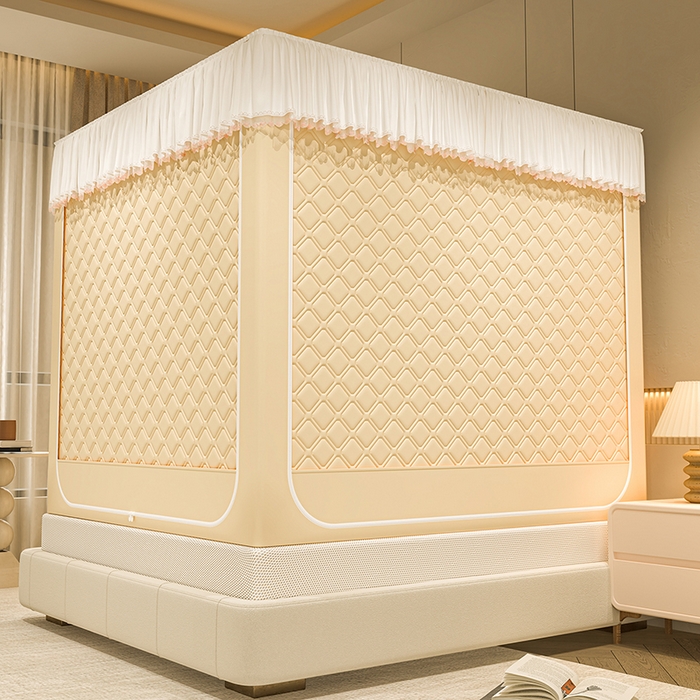 91家纺网 家纺一手货源 找家纺 海虹蚊帐 2025新款加高内穿U型三门2402保暖款夹棉防尘顶坐床蚊帐 米色