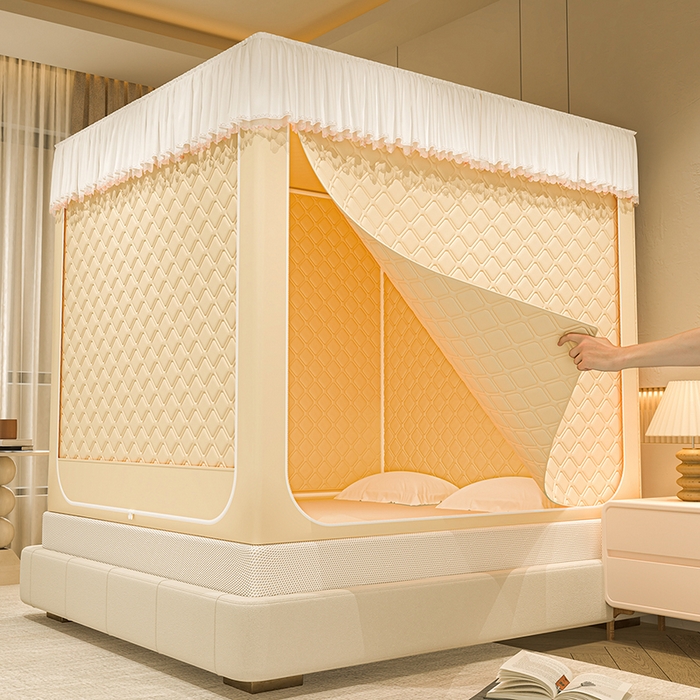 91家纺网 家纺一手货源 找家纺 海虹蚊帐 2025新款加高内穿U型三门2402保暖款夹棉防尘顶坐床蚊帐 米色