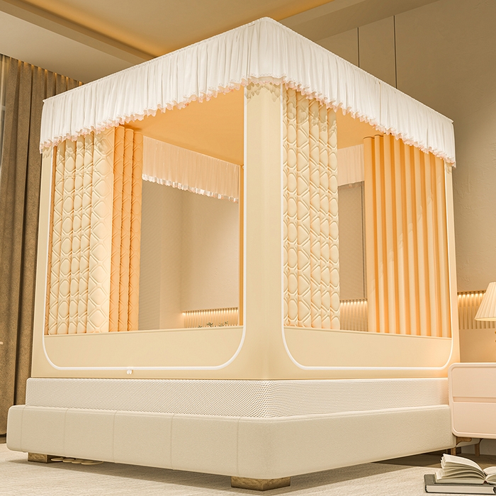 91家纺网 家纺一手货源 找家纺 海虹蚊帐 2025新款加高内穿U型三门2402保暖款夹棉防尘顶坐床蚊帐 米色
