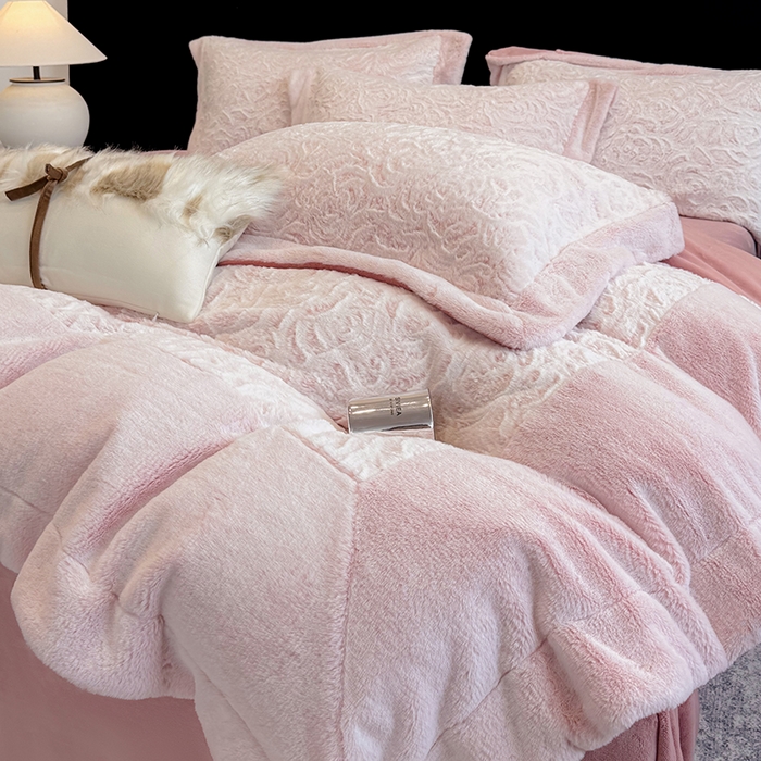 丞音家纺 11斤新款秋冬A类轻奢皮草绒加厚保暖水貂绒牛奶绒床上用品珊瑚绒四件套床单被套 伯恩-温柔粉