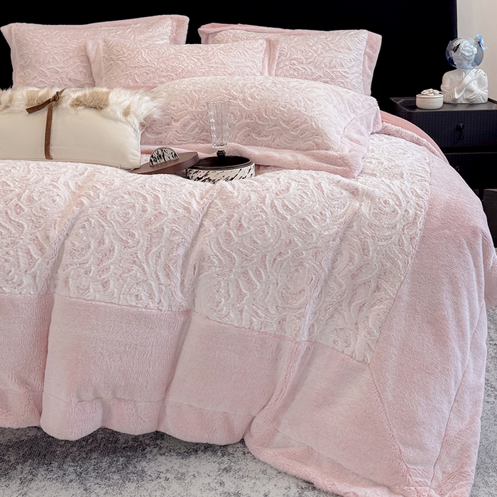 91家纺网 家纺一手货源 找家纺 丞音家纺 11斤新款秋冬A类轻奢皮草绒加厚保暖水貂绒牛奶绒床上用品珊瑚绒四件套床单被套 伯恩-温柔粉
