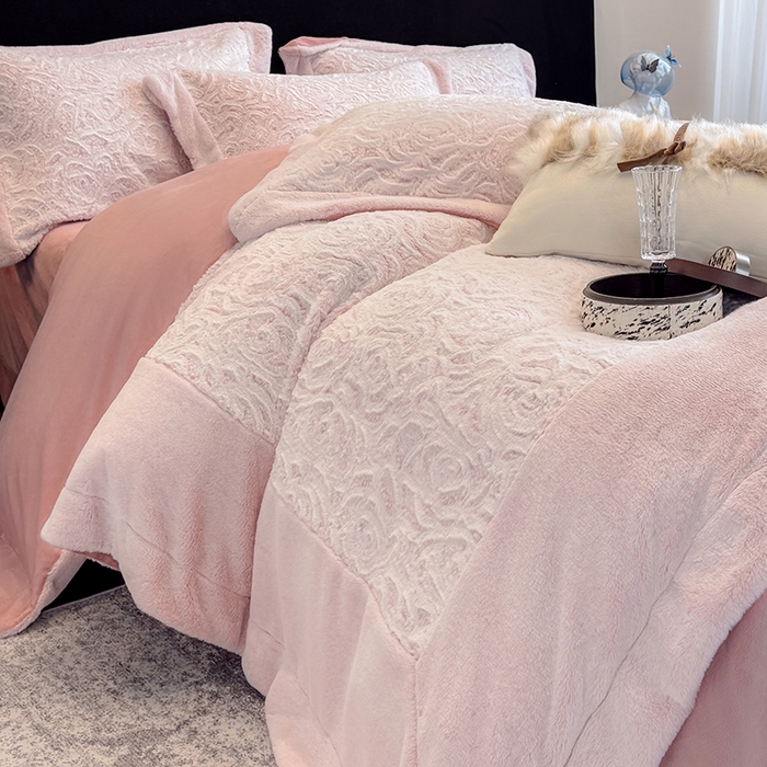 91家纺网 家纺一手货源 找家纺 丞音家纺 11斤新款秋冬A类轻奢皮草绒加厚保暖水貂绒牛奶绒床上用品珊瑚绒四件套床单被套 伯恩-温柔粉