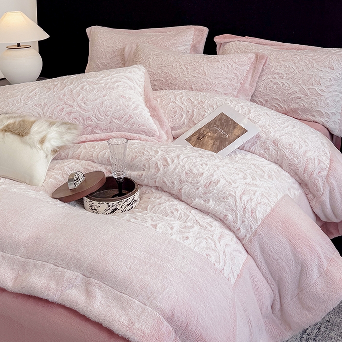 91家纺网 家纺一手货源 找家纺 丞音家纺 11斤新款秋冬A类轻奢皮草绒加厚保暖水貂绒牛奶绒床上用品珊瑚绒四件套床单被套 伯恩-温柔粉