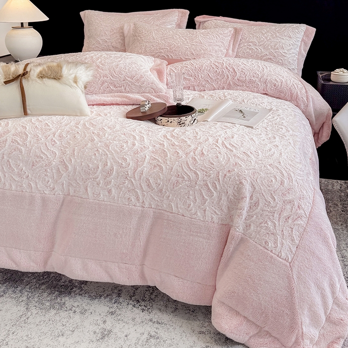 91家纺网 家纺一手货源 找家纺 丞音家纺 11斤新款秋冬A类轻奢皮草绒加厚保暖水貂绒牛奶绒床上用品珊瑚绒四件套床单被套 伯恩-温柔粉