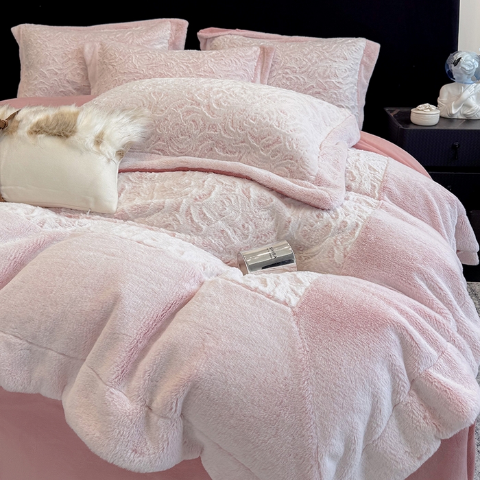 91家纺网 家纺一手货源 找家纺 丞音家纺 11斤新款秋冬A类轻奢皮草绒加厚保暖水貂绒牛奶绒床上用品珊瑚绒四件套床单被套 伯恩-温柔粉