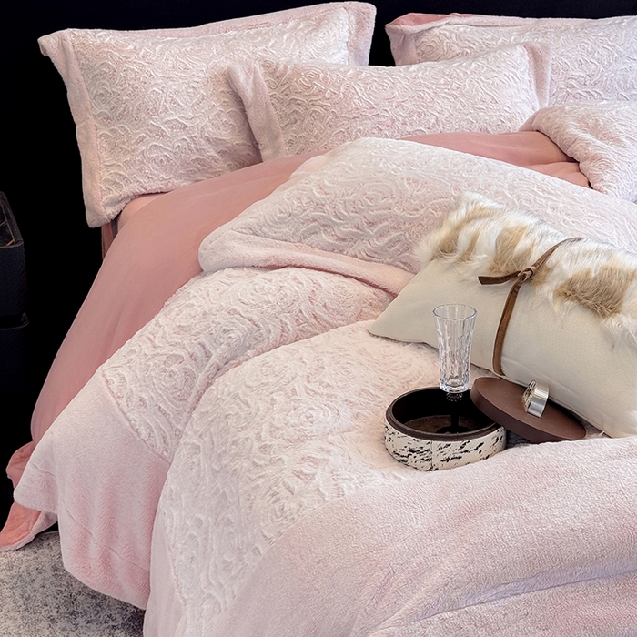 91家纺网 家纺一手货源 找家纺 丞音家纺 11斤新款秋冬A类轻奢皮草绒加厚保暖水貂绒牛奶绒床上用品珊瑚绒四件套床单被套 伯恩-温柔粉