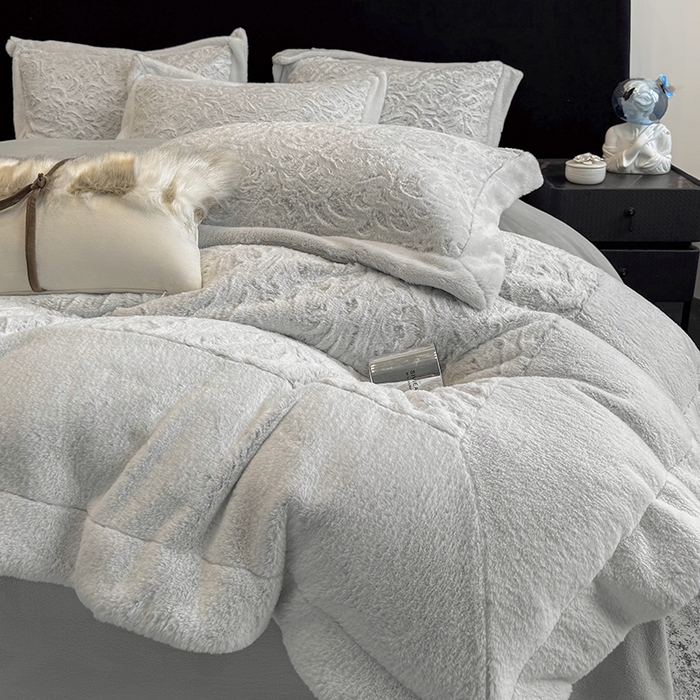 91家纺网 家纺一手货源 找家纺 丞音家纺 11斤新款秋冬A类轻奢皮草绒加厚保暖水貂绒牛奶绒床上用品珊瑚绒四件套床单被套 伯恩-浅灰色