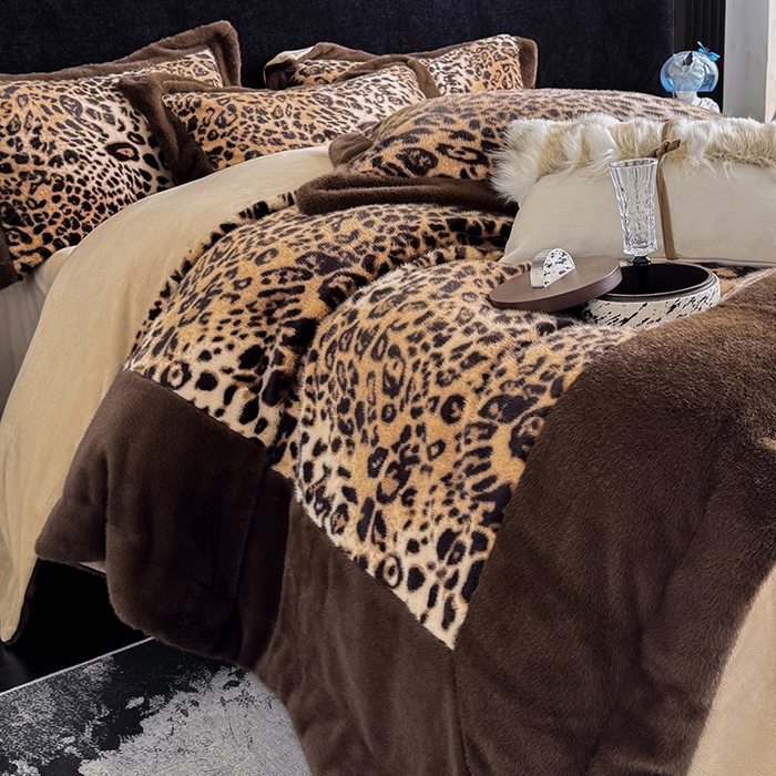 91家纺网 家纺一手货源 找家纺 丞音家纺 11斤新款秋冬A类轻奢皮草绒加厚保暖水貂绒牛奶绒床上用品珊瑚绒四件套床单被套 卡尔-豹纹