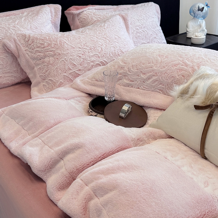 91家纺网 家纺一手货源 找家纺 丞音家纺 11斤新款秋冬A类轻奢皮草绒加厚保暖水貂绒牛奶绒床上用品珊瑚绒四件套床单被套 伯恩-温柔粉