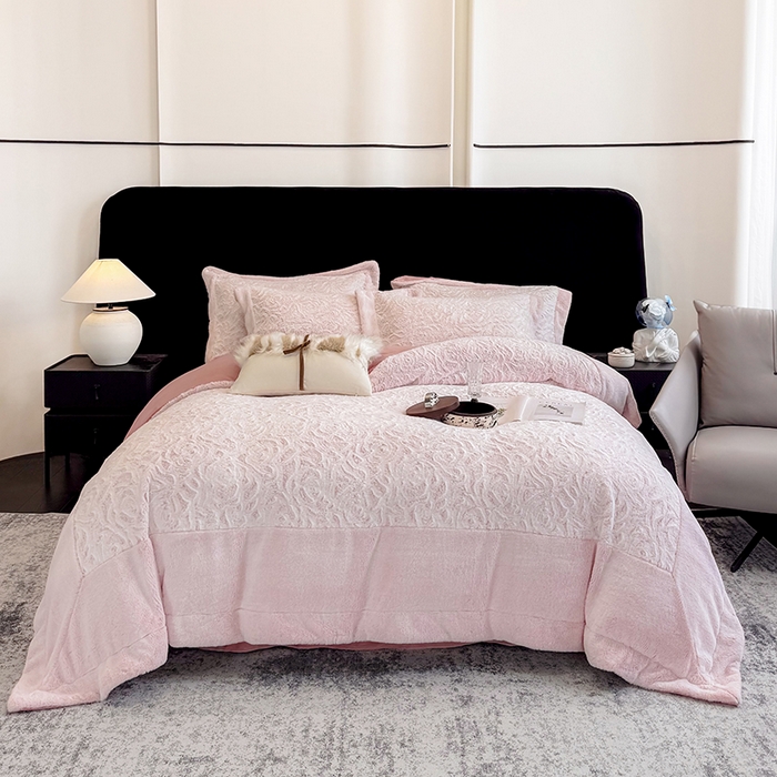 91家纺网 家纺一手货源 找家纺 丞音家纺 11斤新款秋冬A类轻奢皮草绒加厚保暖水貂绒牛奶绒床上用品珊瑚绒四件套床单被套 伯恩-温柔粉