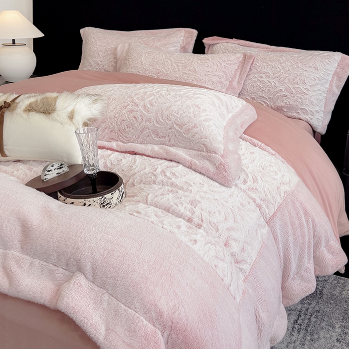 91家纺网 家纺一手货源 找家纺 丞音家纺 11斤新款秋冬A类轻奢皮草绒加厚保暖水貂绒牛奶绒床上用品珊瑚绒四件套床单被套 伯恩-温柔粉