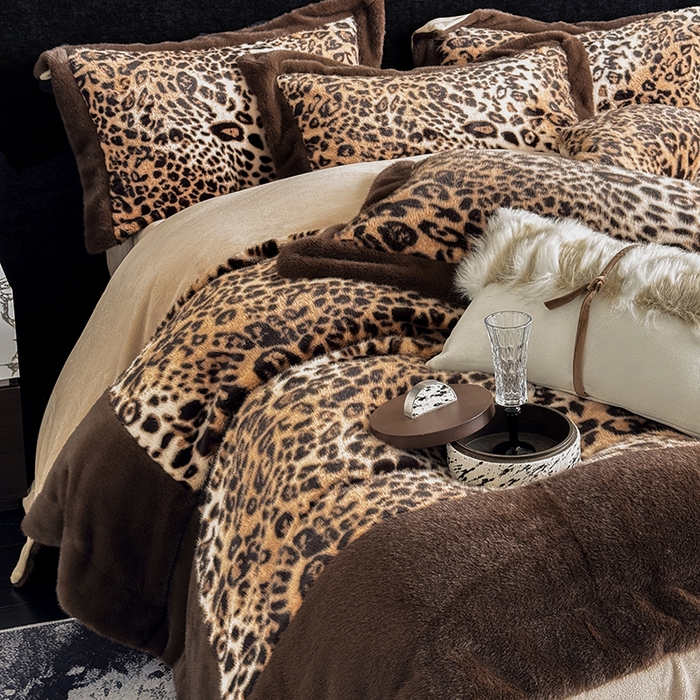 91家纺网 家纺一手货源 找家纺 丞音家纺 11斤新款秋冬A类轻奢皮草绒加厚保暖水貂绒牛奶绒床上用品珊瑚绒四件套床单被套 卡尔-豹纹