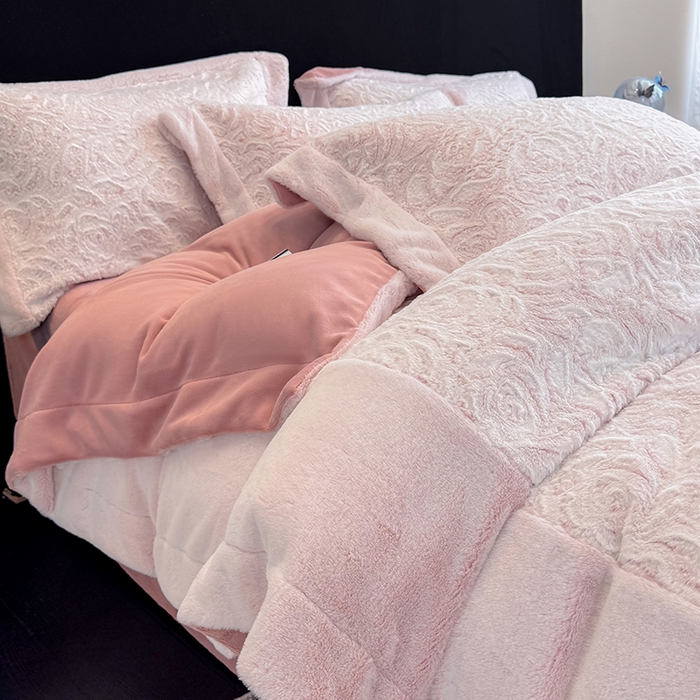 91家纺网 家纺一手货源 找家纺 丞音家纺 11斤新款秋冬A类轻奢皮草绒加厚保暖水貂绒牛奶绒床上用品珊瑚绒四件套床单被套 伯恩-温柔粉