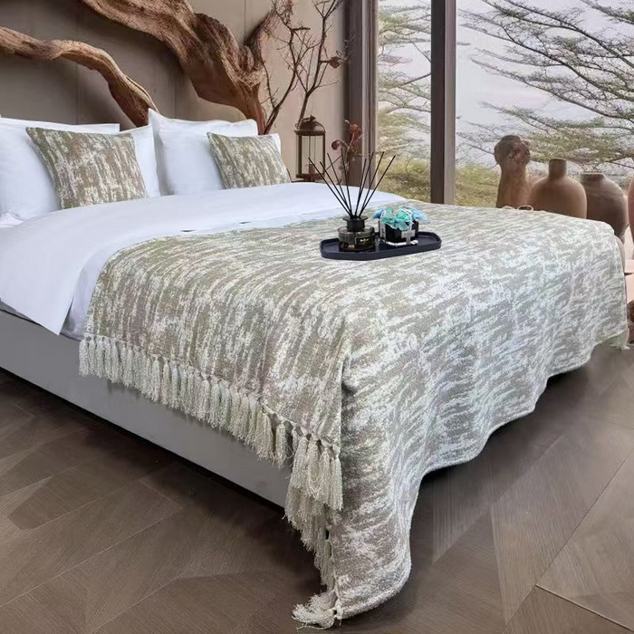 91家纺网 家纺一手货源 找家纺 （总）安力森/诚臻酒店用品 2025新款轻奢毛绒卡其色床尾巾高级酒店床旗简约诧寂风搭巾民宿床尾毯搭毯