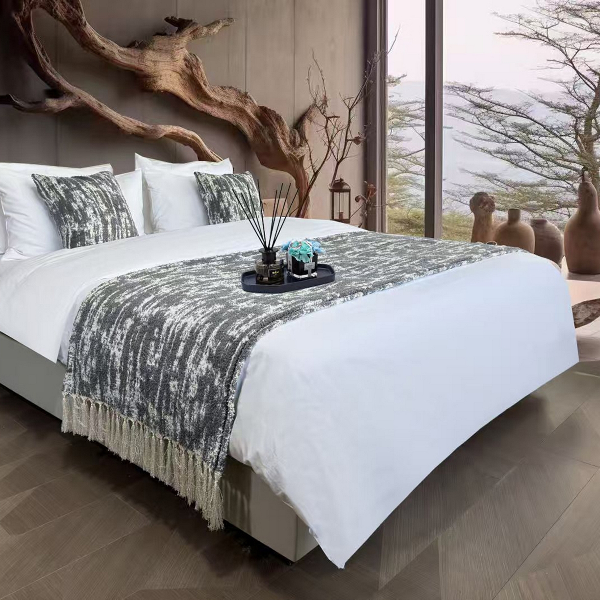 91家纺网 家纺一手货源 找家纺 安力森/诚臻酒店用品 2025新款轻奢毛绒卡其色床尾巾高级酒店床旗简约诧寂风搭巾民宿床尾毯搭毯 轻奢抽象刷纹浅灰