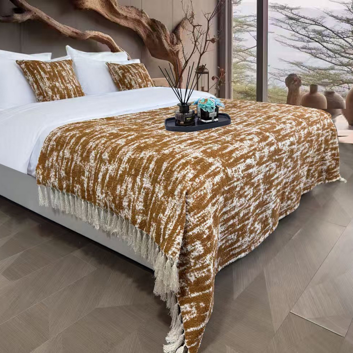 91家纺网 家纺一手货源 找家纺 安力森/诚臻酒店用品 2025新款轻奢毛绒卡其色床尾巾高级酒店床旗简约诧寂风搭巾民宿床尾毯搭毯 轻奢抽象刷纹棕色