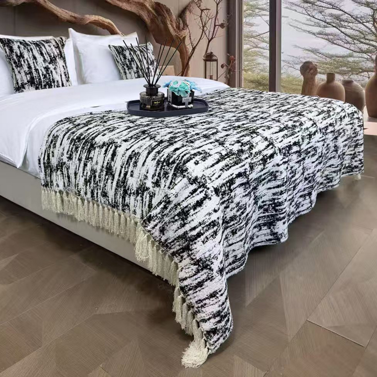 91家纺网 家纺一手货源 找家纺 安力森/诚臻酒店用品 2025新款轻奢毛绒卡其色床尾巾高级酒店床旗简约诧寂风搭巾民宿床尾毯搭毯 轻奢抽象刷纹深灰