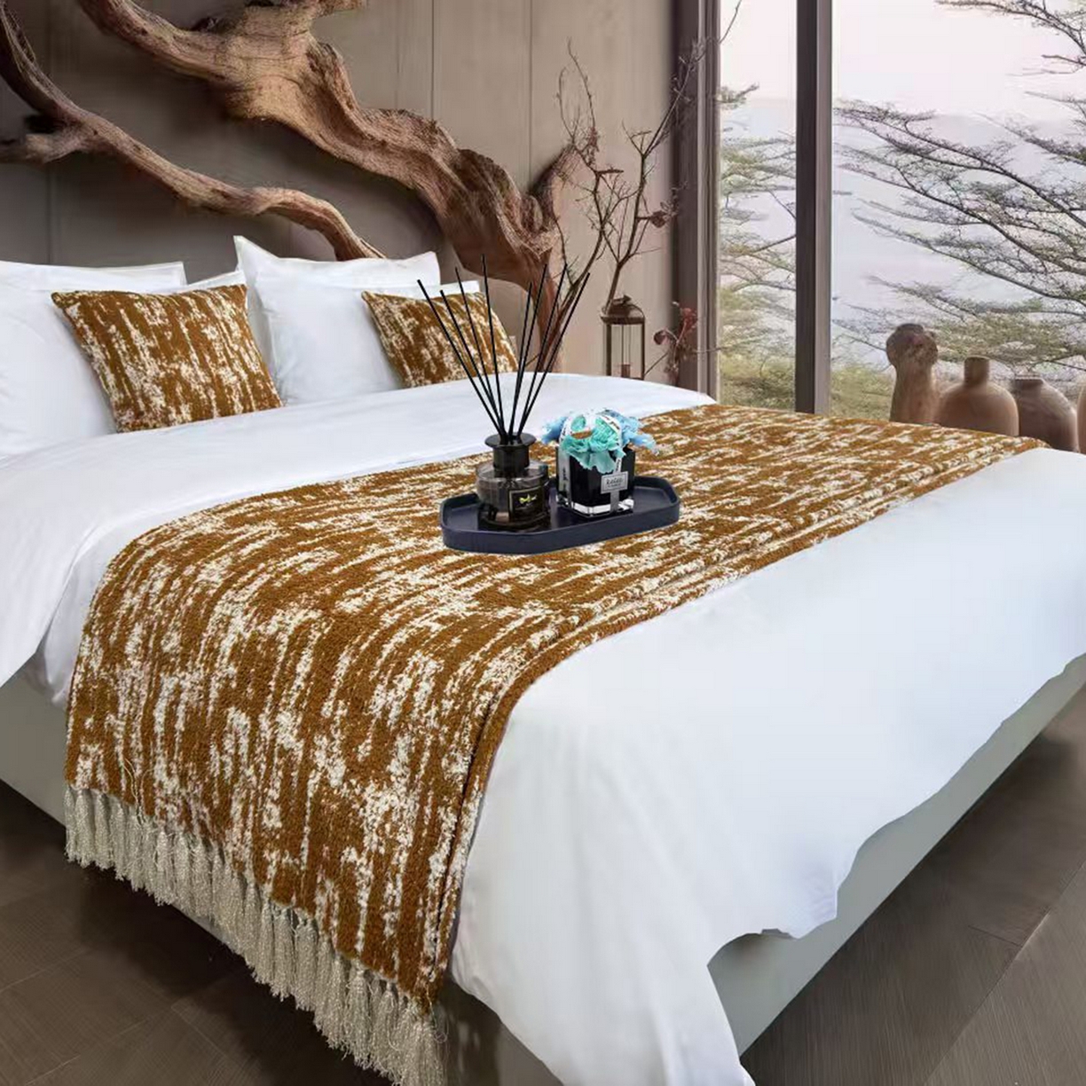 91家纺网 家纺一手货源 找家纺 安力森/诚臻酒店用品 2025新款轻奢毛绒卡其色床尾巾高级酒店床旗简约诧寂风搭巾民宿床尾毯搭毯 轻奢抽象刷纹棕色